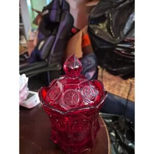 VINTAGE FOSTORIA RUBY RED COIN GLASS LIDDED CANDY DISH